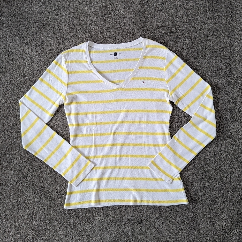 Tommy Hilfiger Yellow Striped Long Sleeve Tee - Medium V neck Cotton